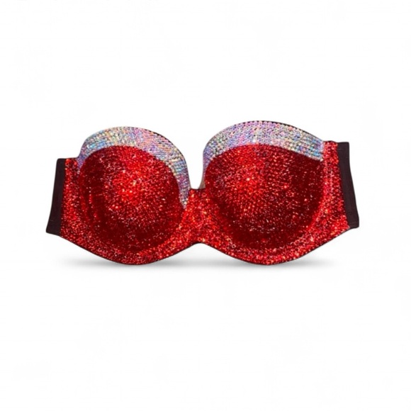 Iridescent Crystal AB Diamond & Siam Red Fancy Strapless Bralet All Sizes New - Picture 2 of 10